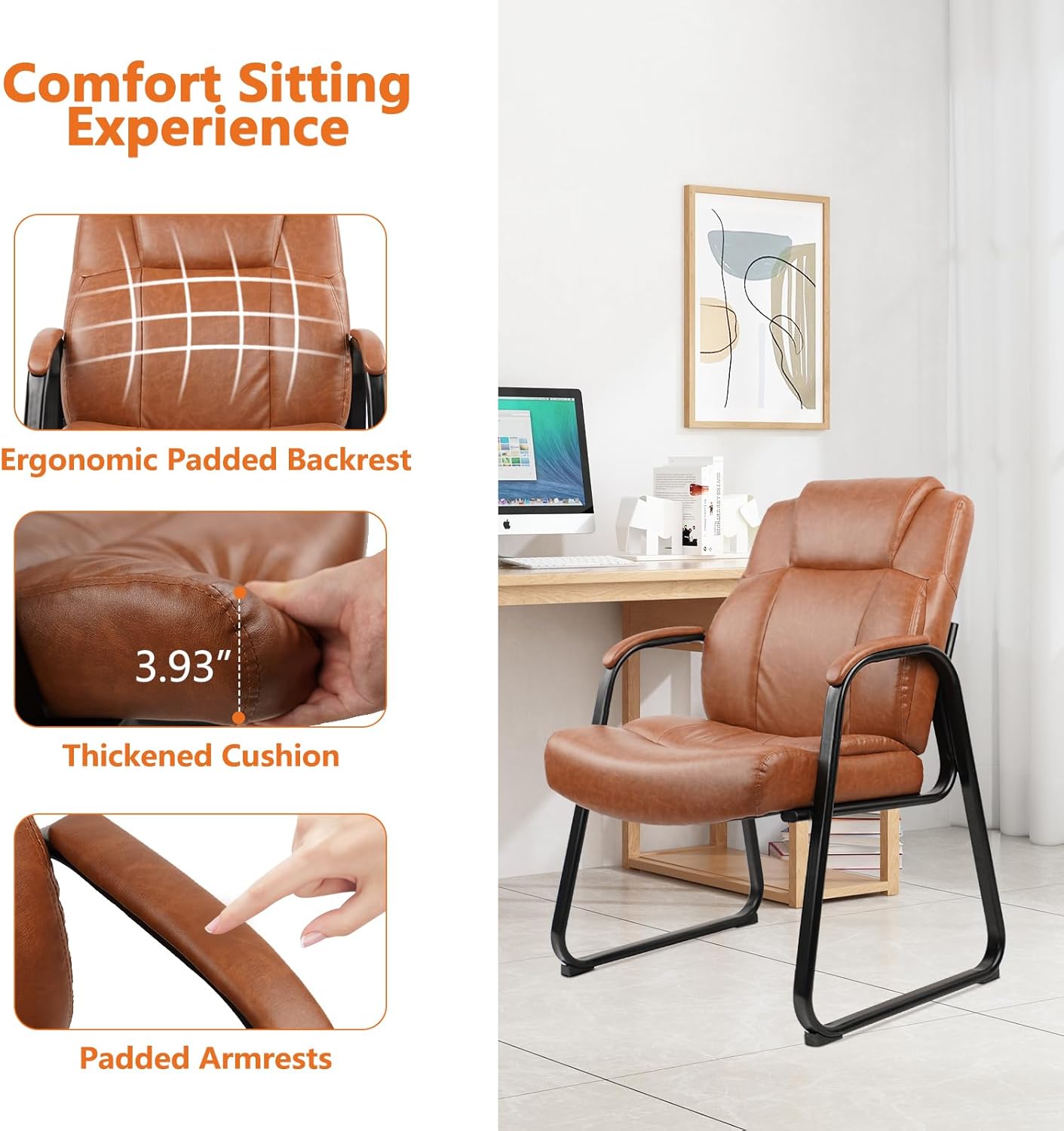 CLATINA Guest Chair Big & Tall 500 lbs, PU Leather Office Reception Chairs, Sled Base, No Wheels, Brown, Waiting Room, Conference, Lobby, Living Room
