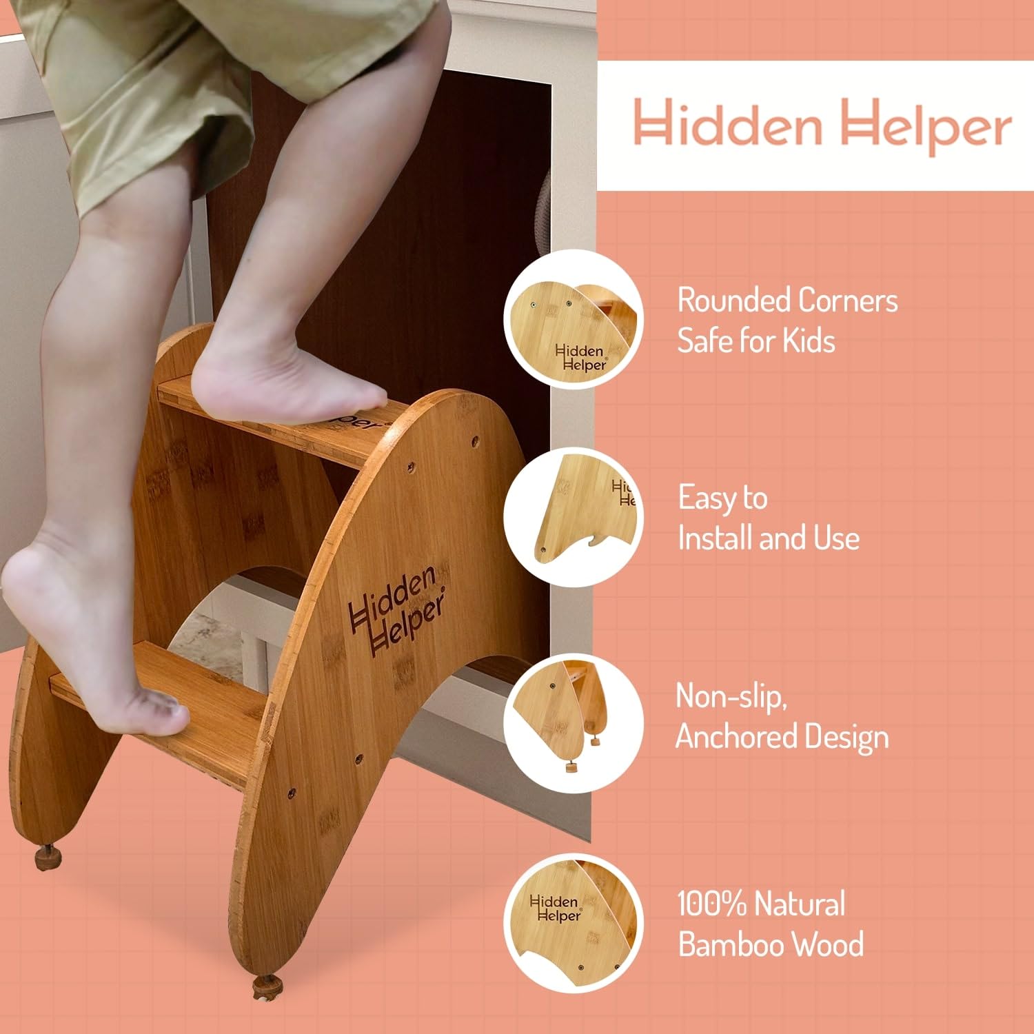 Hidden Helper Montessori Step Stool for Toddlers, Foldable Toddler Two Step Stool for Bathroom Sink & Kitchen Helper, Wooden Folding Stool for Kids Ages 2-5, Bamboo