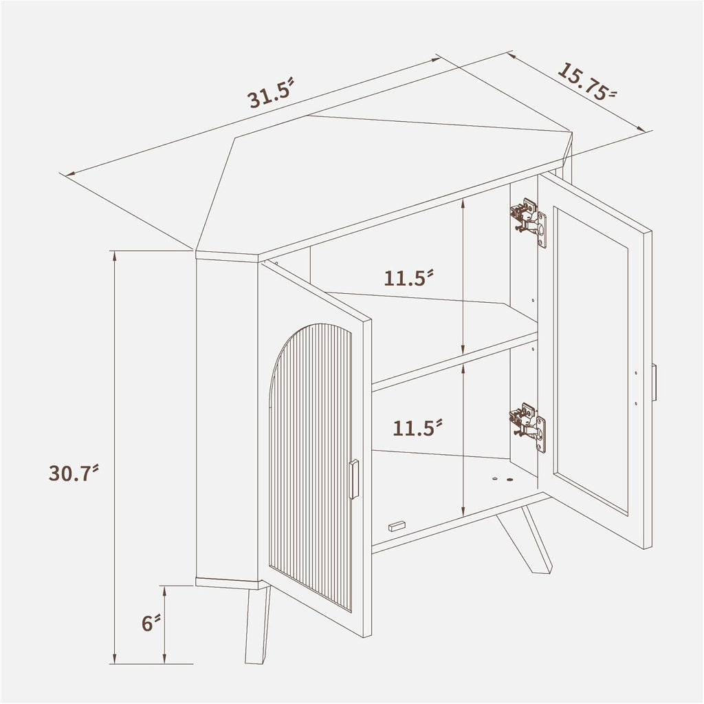 BERRYMERRY Fluted Corner Cabinet with Storage,Space Saving Corner Floor Cabinet with Adjustable Shelve & Arched Profile Door for Living Room Kitchen Bathroom (Brown, 15.7”D x 31.5”W x 30.7”H)