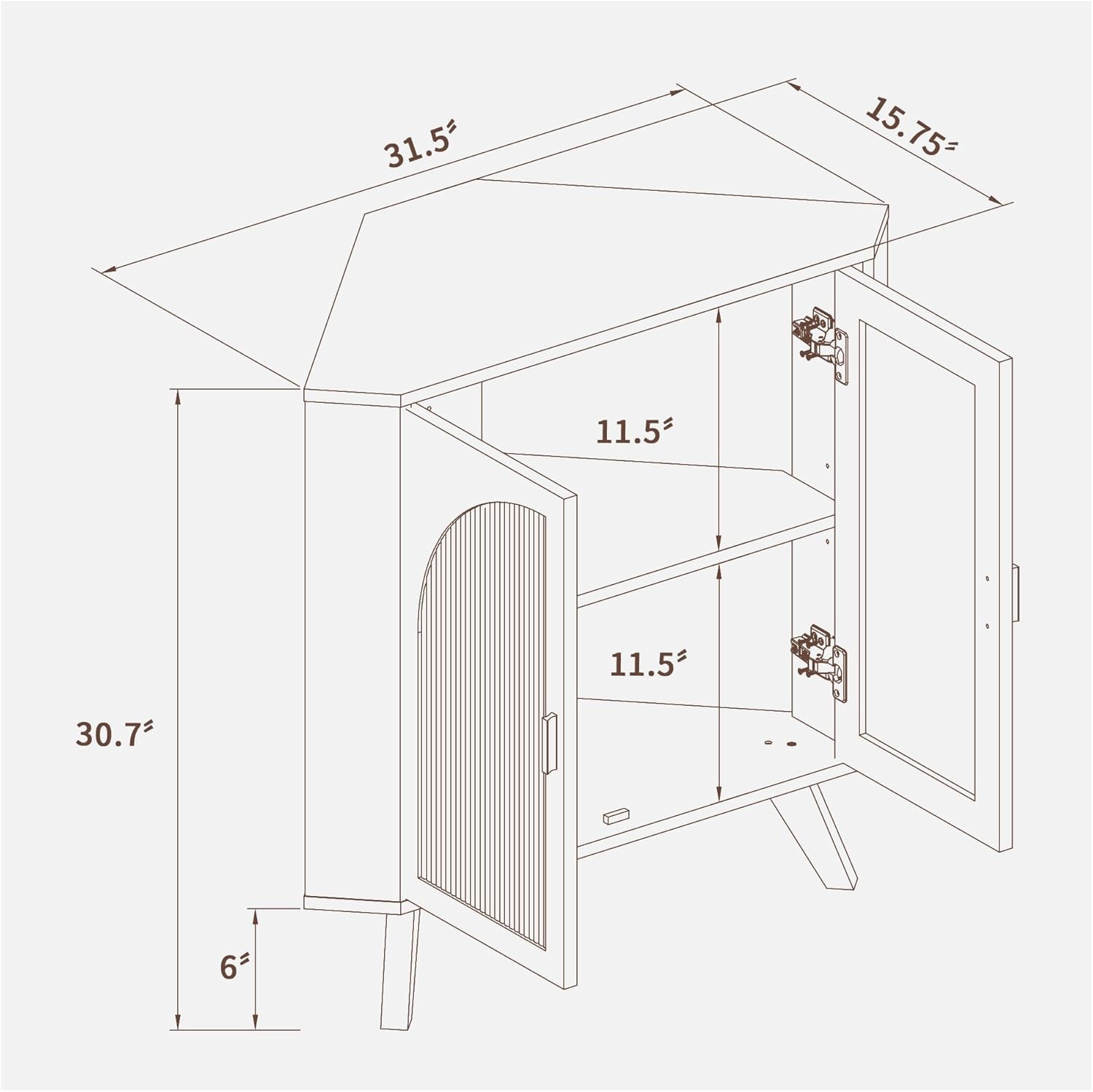 BERRYMERRY Fluted Corner Cabinet with Storage,Space Saving Corner Floor Cabinet with Adjustable Shelve & Arched Profile Door for Living Room Kitchen Bathroom (Brown, 15.7”D x 31.5”W x 30.7”H)