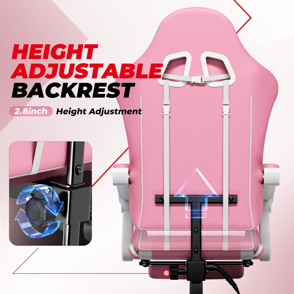 Auto Dynasty Ergonomic Gaming Chair, High-Back Office Chair w/Adjustable Lumbar Support, Linkage Armrest, Headrest & Footrest, 350LBS Recliner Swivel Computer Game Racing Chair, Pink/White