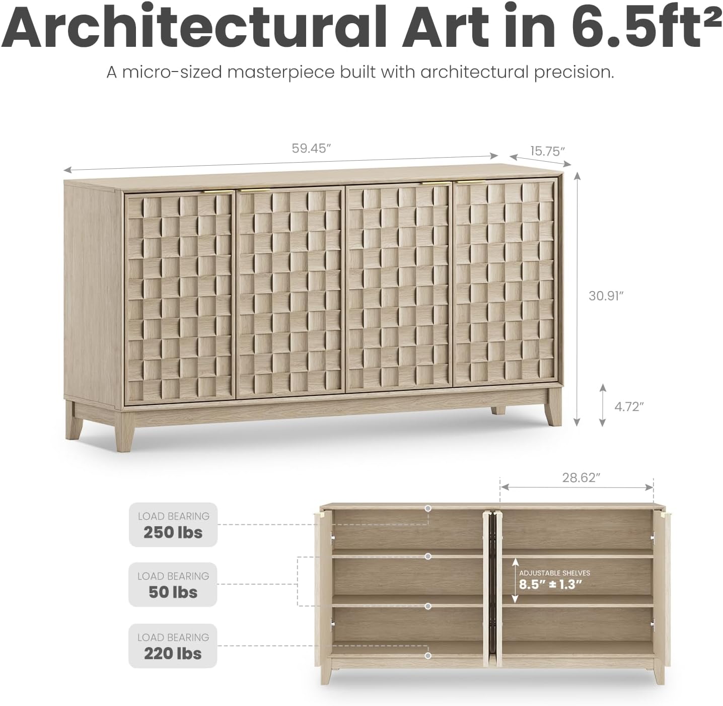 COLAMY 60" Sideboard Buffet Cabinet with Storage, Modern 4-Door Buffet Table with 3D Checkerboard Doors & Solid Wood Legs, Large Coffee Bar Cabinet for Dining Room, Living Room, Entryway, Oak Mist