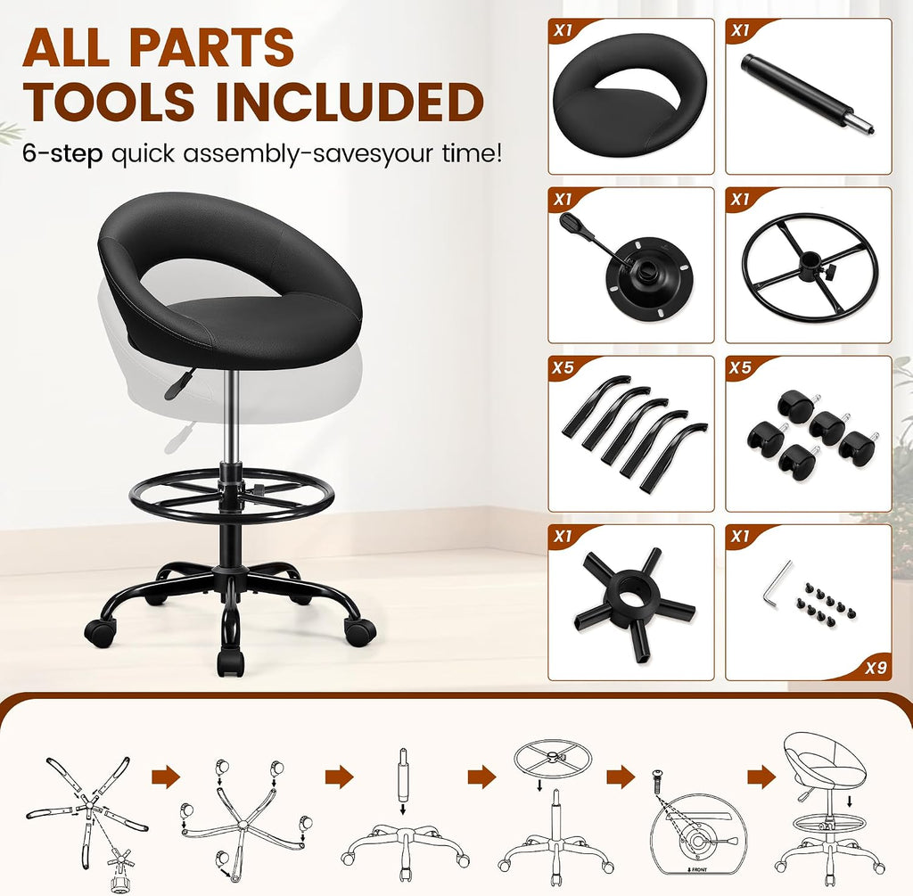 Ergonomic Drafting Chair for Standing Desk, Height Adjustable Rolling Stool with Foot Rest, Tall PU Leather Chair with Wheels and Back Support for Home Office Kitchen Counter, Black