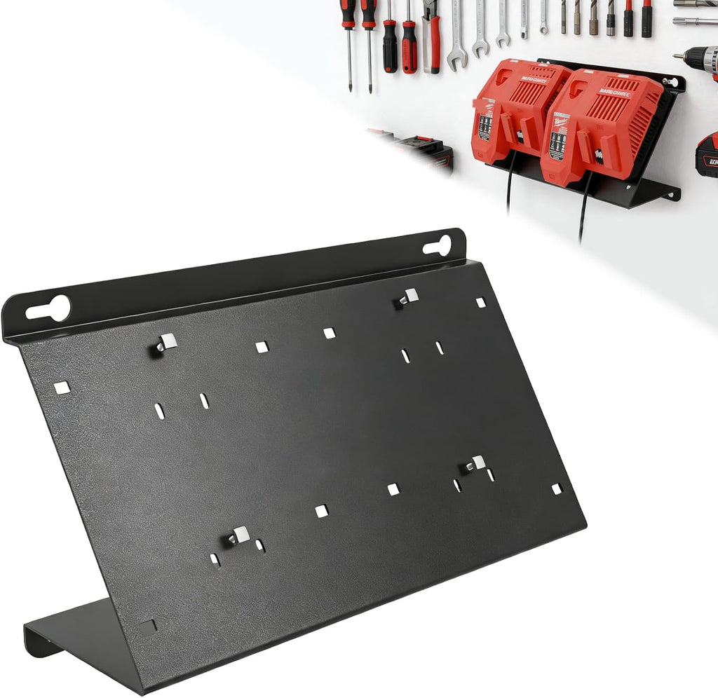 Angled Heavy-Duty Alloy Steel Wall Mount for Milwaukee Charger - Dual Fit Milwaukee M18V & M12V Rapid Charge, Detachable Secured Holder Bracket for Pegboard/Wall Installation