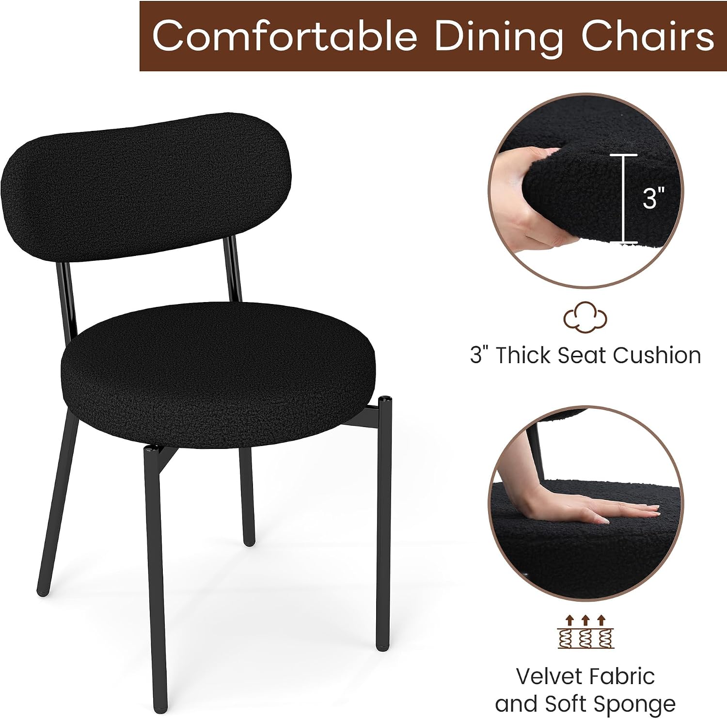 KROFEM Set of 4 Boucle Fabric Dining Chairs, Mid-Century Style Comfort Sponge Filled Seat Back Dining Room Chairs for Kitchen Dining Table，Black