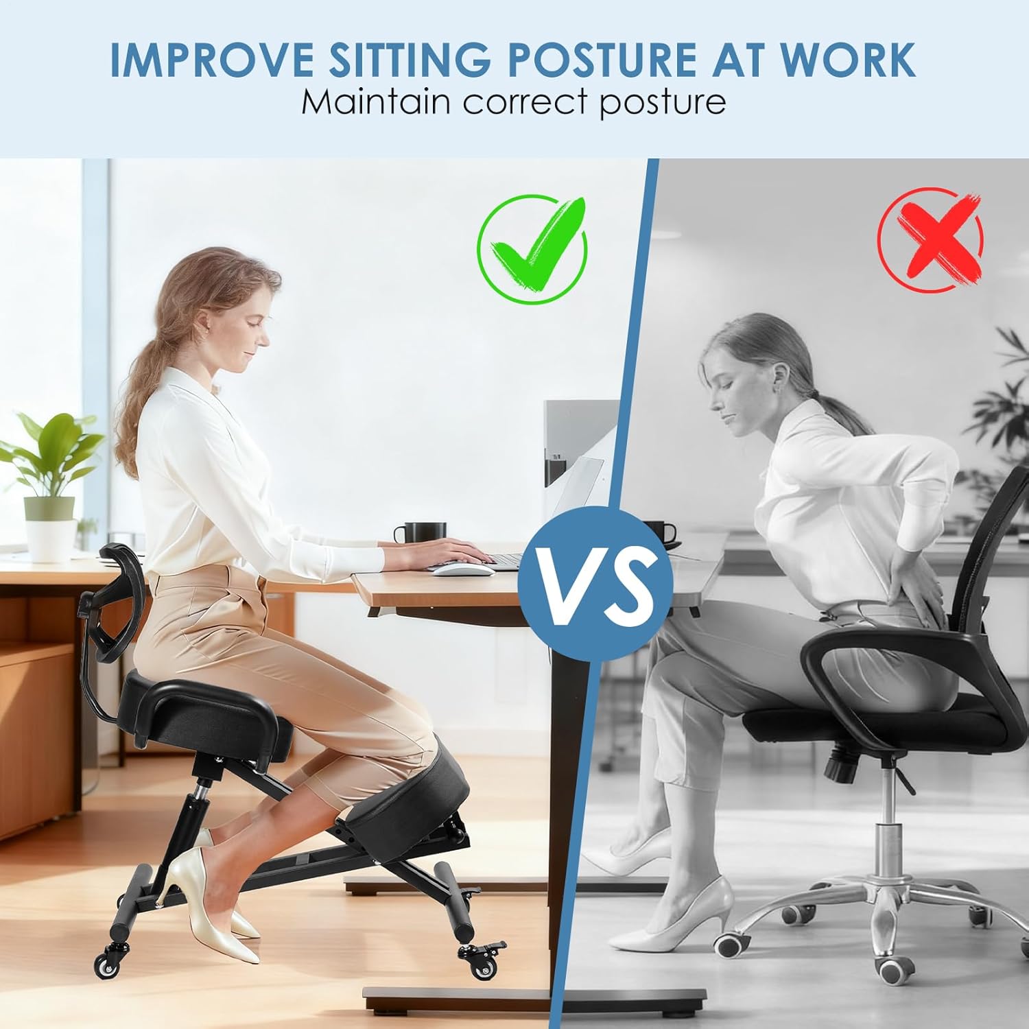 Ergonomic Kneeling Chair with Backrest & Lumbar Support, Adjustable Height Desk Chair with Wheels & Thick Cushion, Ideal for Office & Work from Home, Support Upright Sitting & Relieve Back Pain