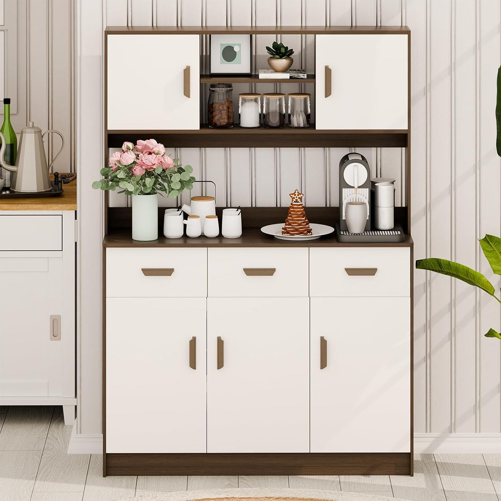 Kitchen Pantry Storage Cabinet, Hutch Cabinet with Buffet Cupboard, Utility Pantry with Microwave Stand, Household Wall Tall Sideboard with 3 Drawers, 5 Doors Open Shelves for Kitchen, Dinin