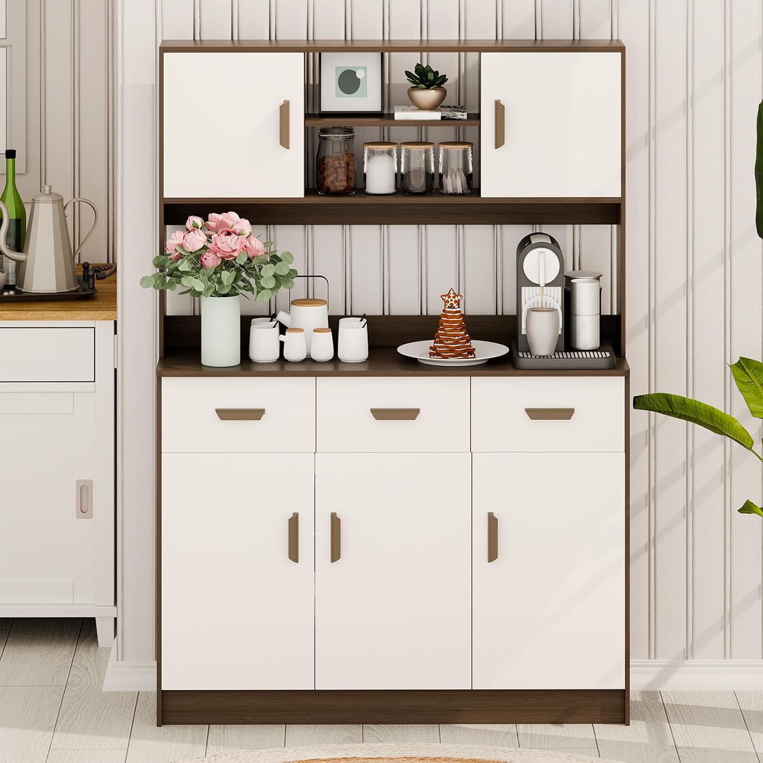 Kitchen Pantry Storage Cabinet, Hutch Cabinet with Buffet Cupboard, Utility Pantry with Microwave Stand, Household Wall Tall Sideboard with 3 Drawers, 5 Doors Open Shelves for Kitchen, Dinin
