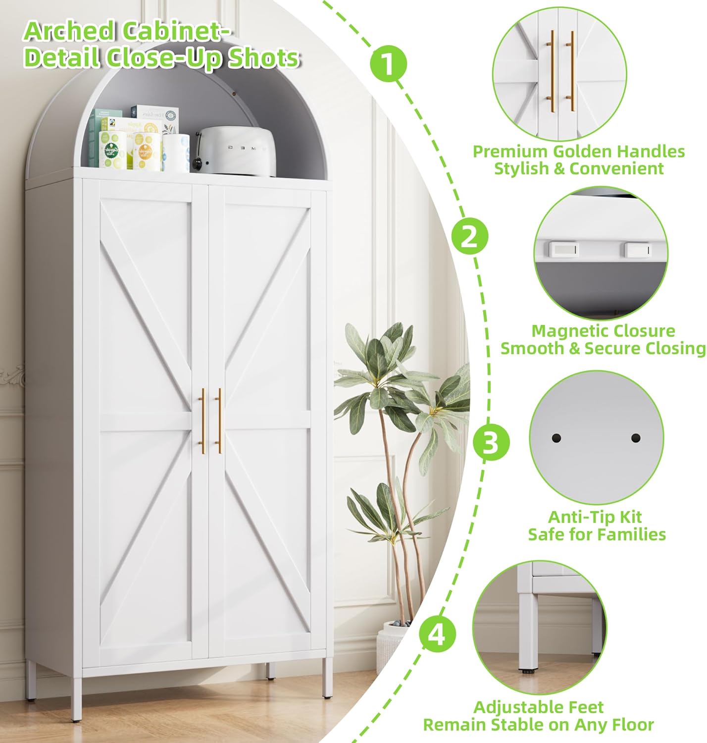 72.8" White Metal Arched Pantry Cabinet for Kitchen Storage, Tall 2-Door Cupboard with 6 Adjustable Shelves, Magnetic Closure & Anti-Tip Kit, 15.4" D x 30.7" W, Assembly Required