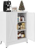 Kitchen Sideboard Buffet with Storage, 39” Metal Coffee Bar Cabinet & Buffet Sideboard with Barn Doors & Adjustable Shelves, Modern Farmhouse Coffee Bar Station for Kitchen, Entryway, White