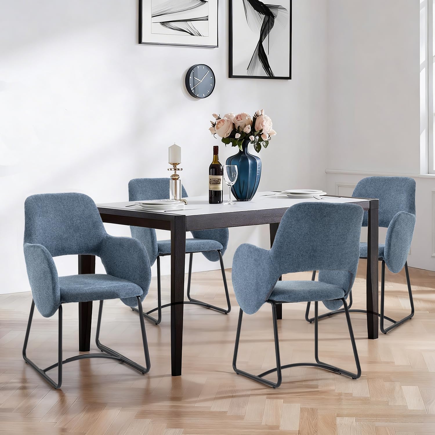 Mid-Century Modern Dining Chair, Upholstered Single Chair with Armrests, 350 lbs Weight Capacity, 22" Wide Seat, Chenille Fabric, Ergonomic Back Support for Kitchen/Dining Room/Cafe/Resturant