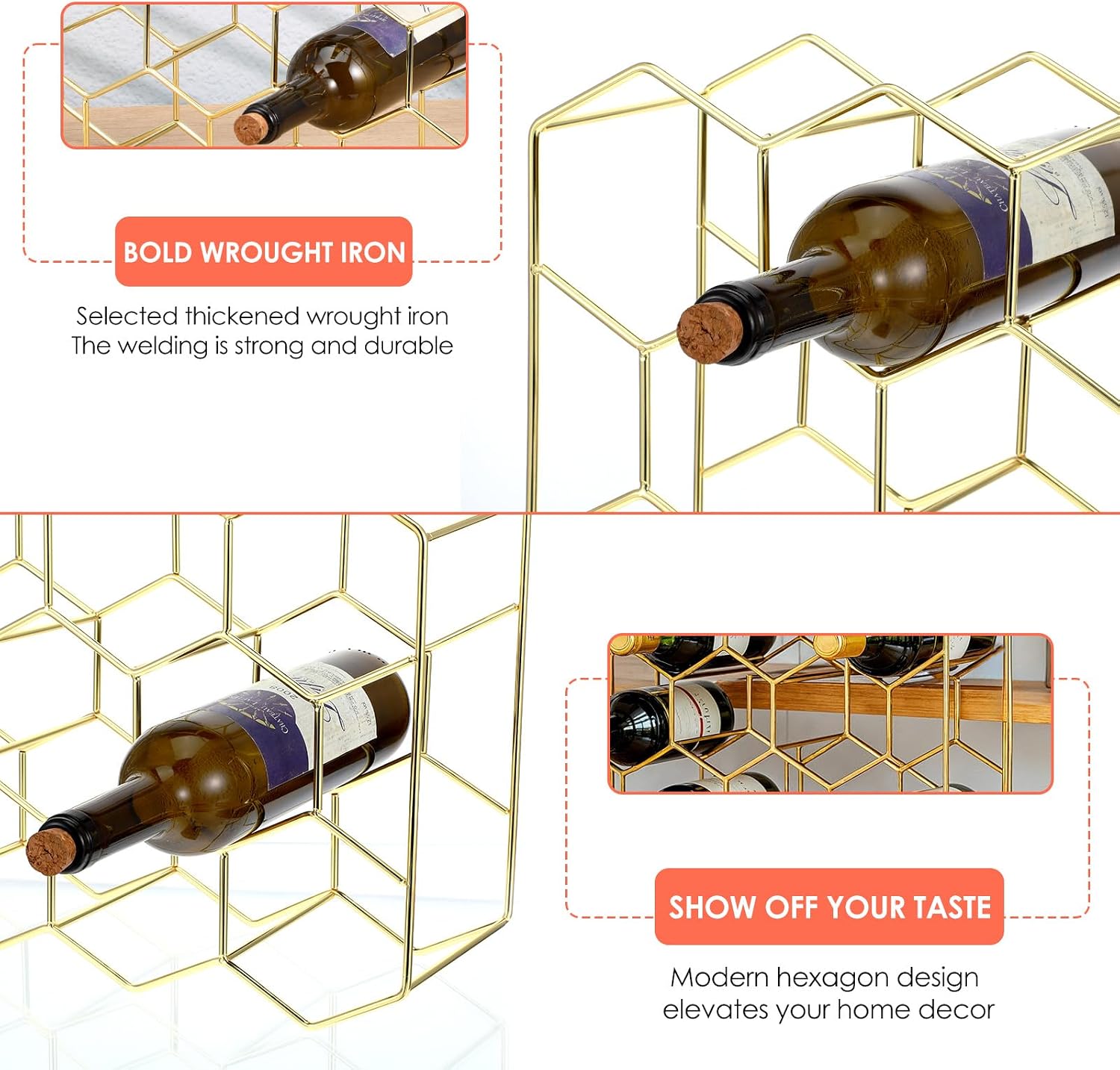 Countertop Wine Rack for 14 Bottles - Freestanding Modern Gold Wine Bottle Holder Stand for Kitchen, Bar, Pantry, No Assembly Required Space-Saving Design Cabinet & Counter Organizer Bottle Storage