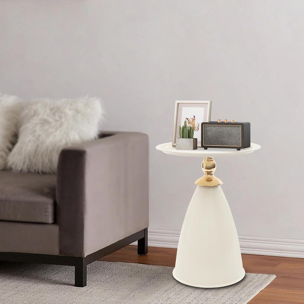 Small Drink Pedestal End Table, Modern Round Metal Pedestal Accent Tables, 15.35x221.65in Bullet Head Shaped Side Table for Living Room, Bedroom, Stable Base (Creamy White)