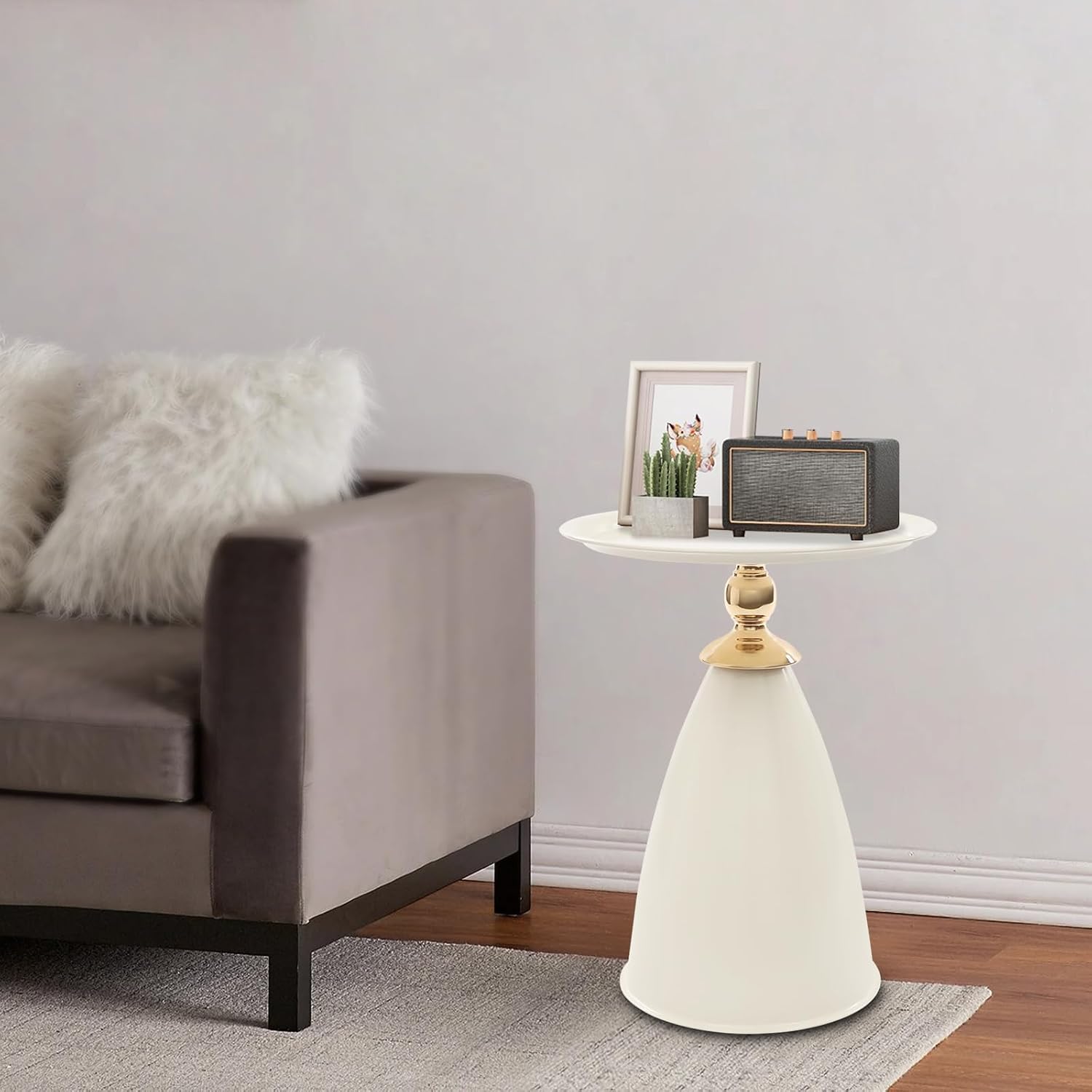 Small Drink Pedestal End Table, Modern Round Metal Pedestal Accent Tables, 15.35x221.65in Bullet Head Shaped Side Table for Living Room, Bedroom, Stable Base (Creamy White)