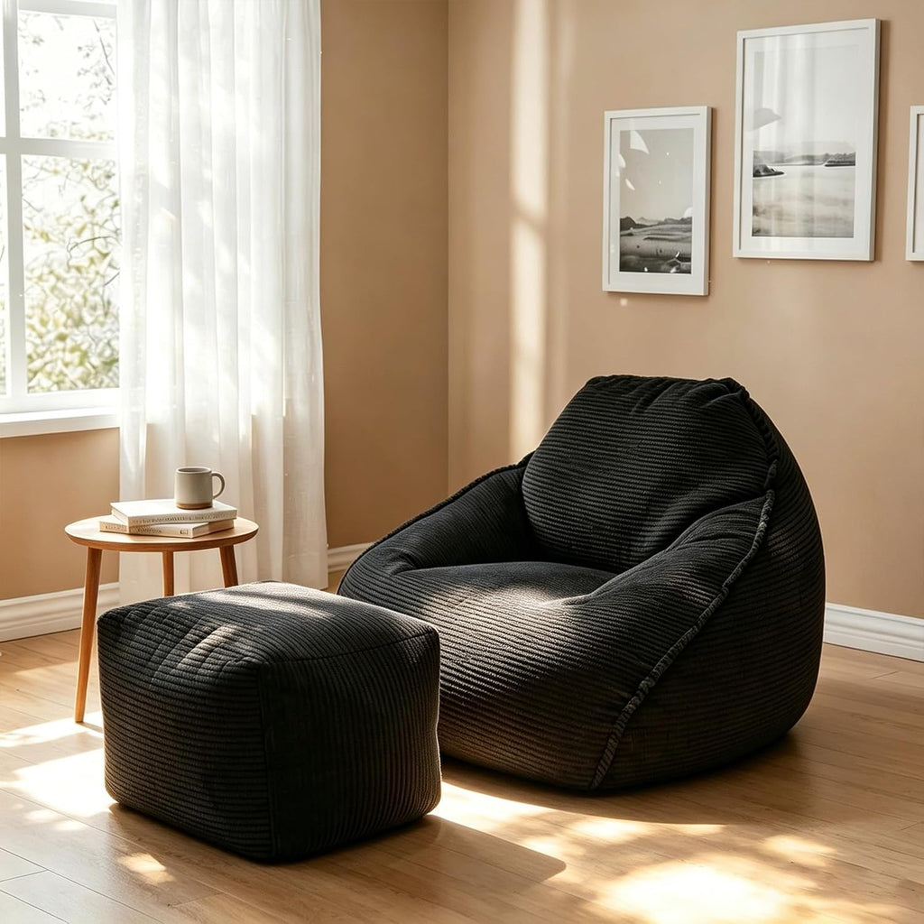 WHGBJA 4FT Bean Bag Chair for Adults/Kids with Ottoman,35D Memory Foam Filled,Cozy Fluffy Gaming Chair for Living Room, Bedroom (Black)