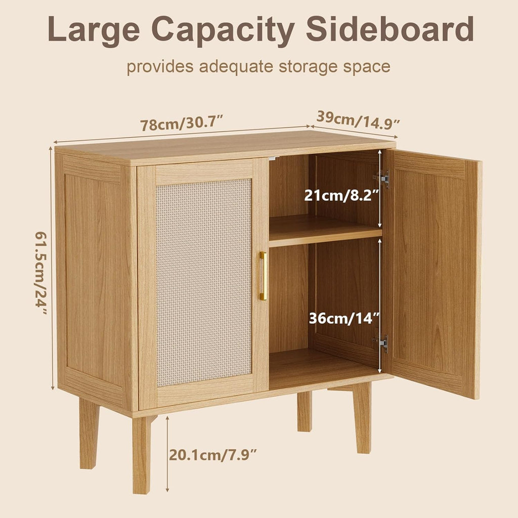 EVLIQUIL 32.2" Rattan Sideboard Cabinet, Modern Accent Storage Cabinet with Adjustable Shelf and Solid Wood Legs for Kitchen, Living Room, Entryway, Natural Oak