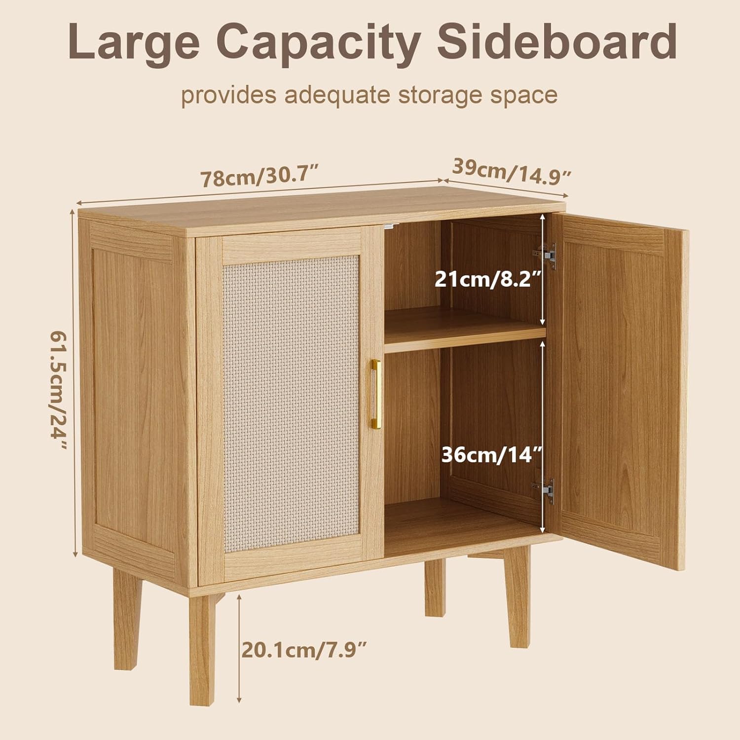 EVLIQUIL 32.2" Rattan Sideboard Cabinet, Modern Accent Storage Cabinet with Adjustable Shelf and Solid Wood Legs for Kitchen, Living Room, Entryway, Natural Oak