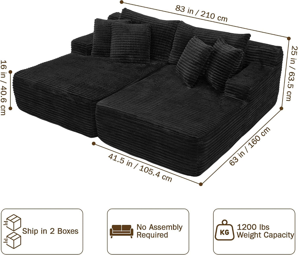 83” Oversized Double Chaise Lounge Indoor, Black Corduroy Chaise Lounge Chair, Upholstered Sleeper Sofa Bed, Deep Seat Sleeper Loveseat Reading Chairs, Boneless Cloud Couch for Living Room Bedroom