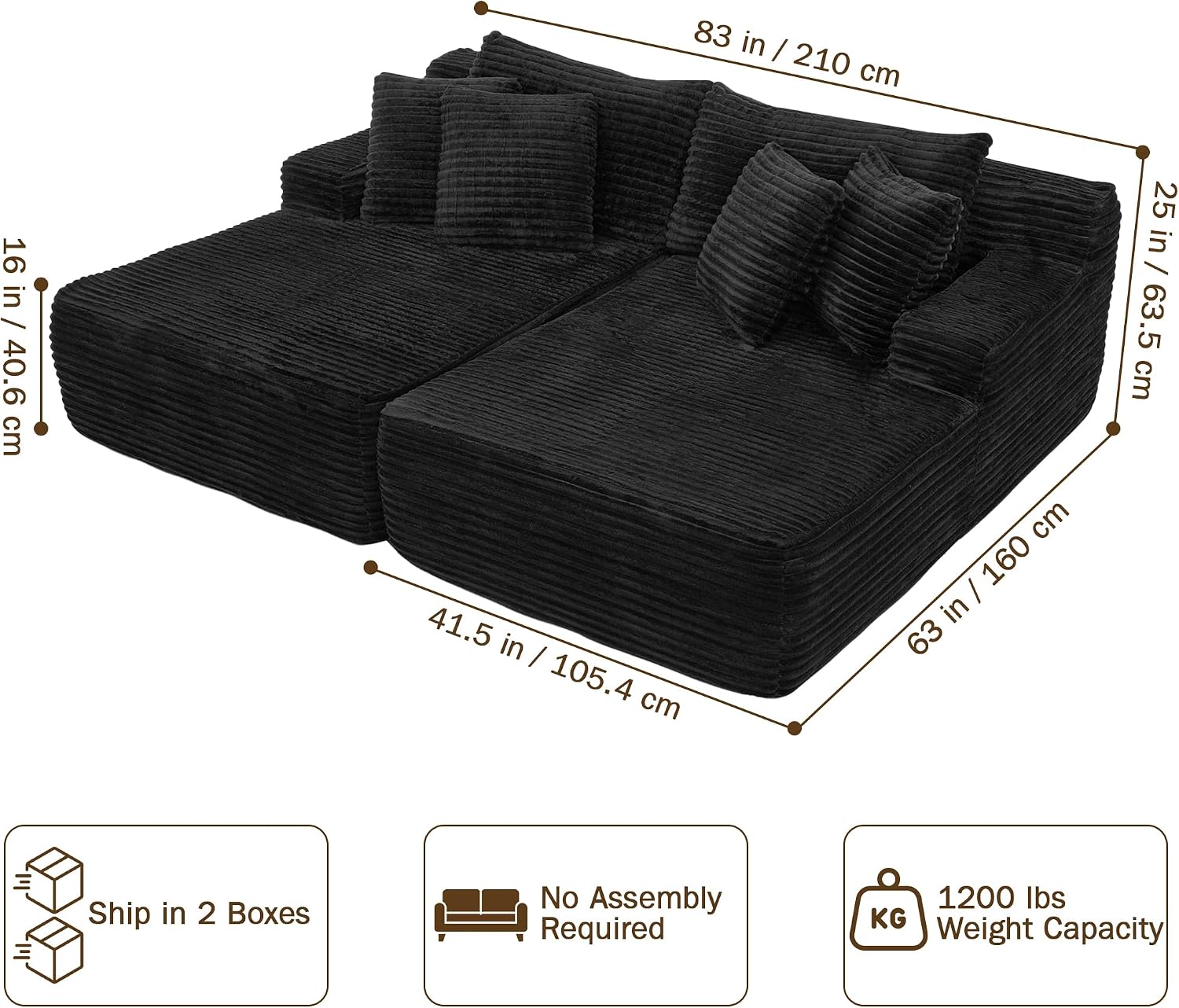 83” Oversized Double Chaise Lounge Indoor, Black Corduroy Chaise Lounge Chair, Upholstered Sleeper Sofa Bed, Deep Seat Sleeper Loveseat Reading Chairs, Boneless Cloud Couch for Living Room Bedroom
