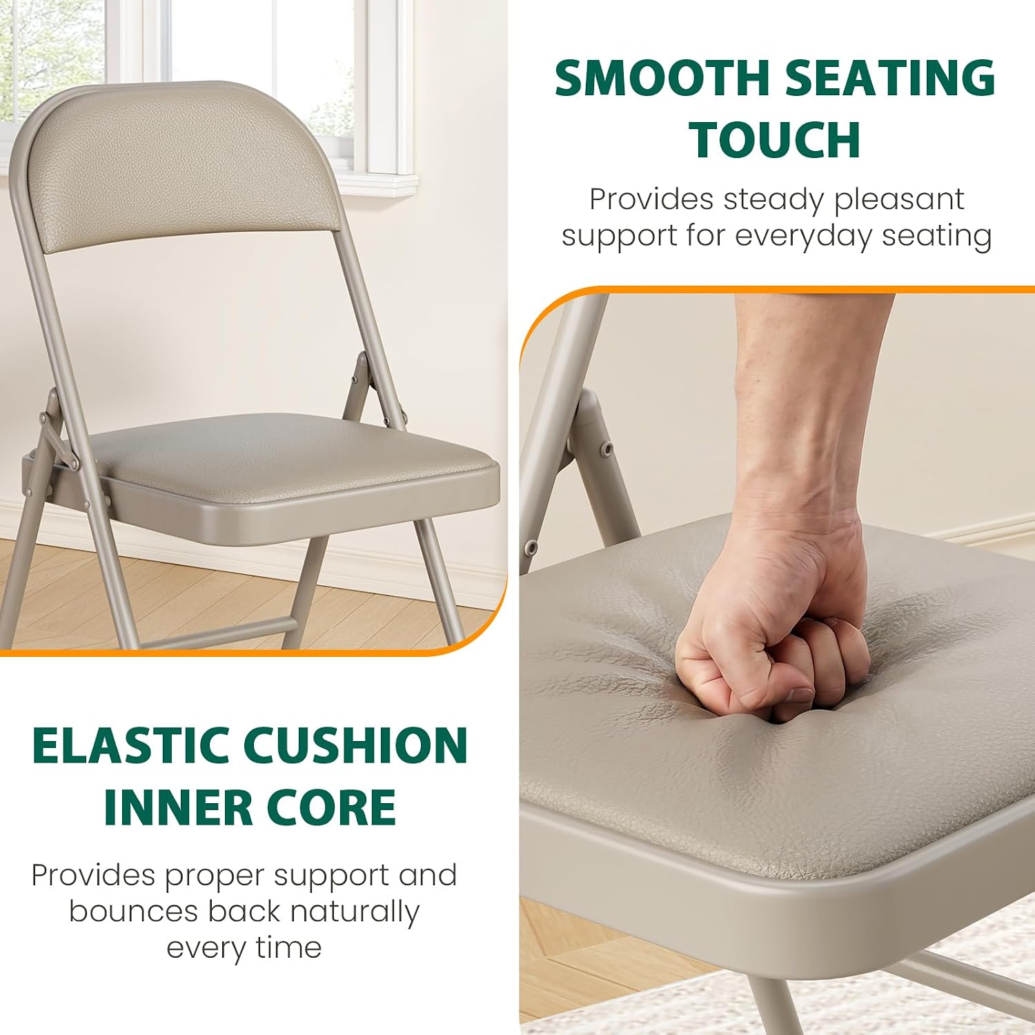 Folding Chairs 2 Pack,350lbs Heavy Duty Metal Frame Folding Chairs with PU Leather Padded Seat,Ergonomic Portable Foldable Chair with Non-Slip Rubber Feet for Indoor Outdoor Wedding Patio Party,Khaki