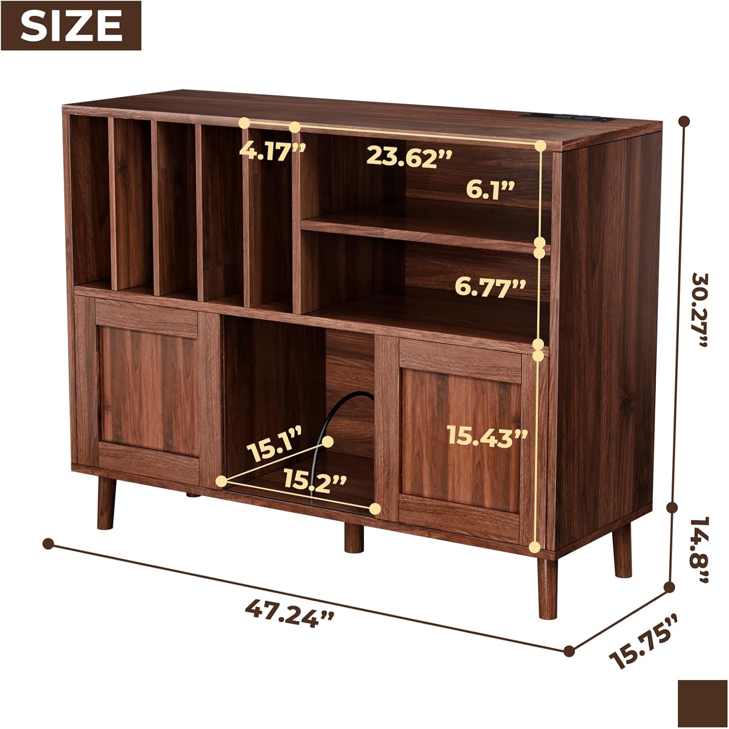 XL Record Player Stand with Sliding Doors, 500+ Vinyl Record Storage Cabinet with Charging Station & USB Ports, Mid Century Modern Record Player Table,Turntable Stand with Wood Legs for Living Room