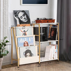 HYCFYJR Stand for Record Player, 3 Tier Vinyl Record Storage with Now Playing Holder, Turntable Stand, Vinyl Display with Speaker Storage for Living Room, Gold White