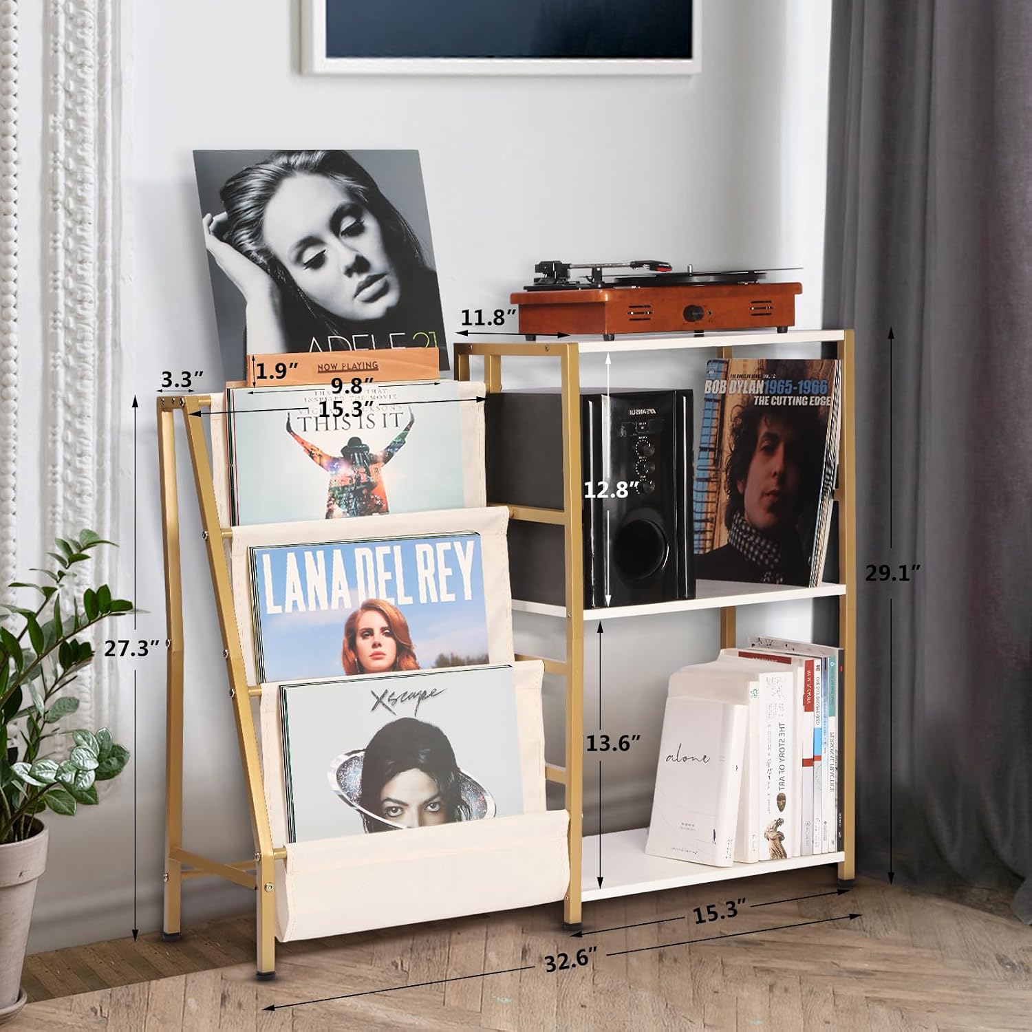HYCFYJR Stand for Record Player, 3 Tier Vinyl Record Storage with Now Playing Holder, Turntable Stand, Vinyl Display with Speaker Storage for Living Room, Gold White
