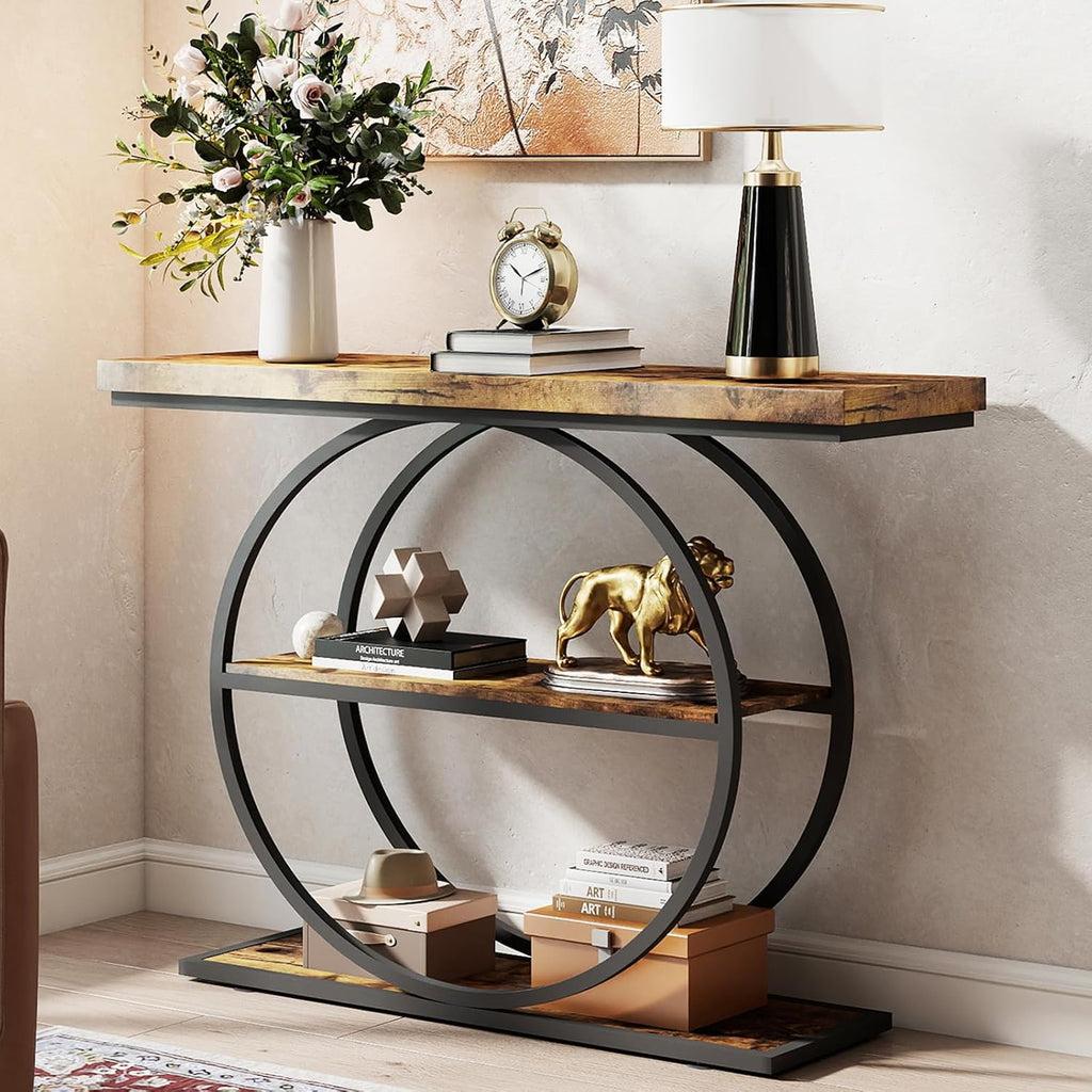 Arbuxzuy 41.3 Entryway Table, Industrial 3-Tier Narrow Console Table, Round Frame Foyer Table for Living Room, Hallway, Wood Accent Tables with Storage Shelves Brown & Black(Lagre)