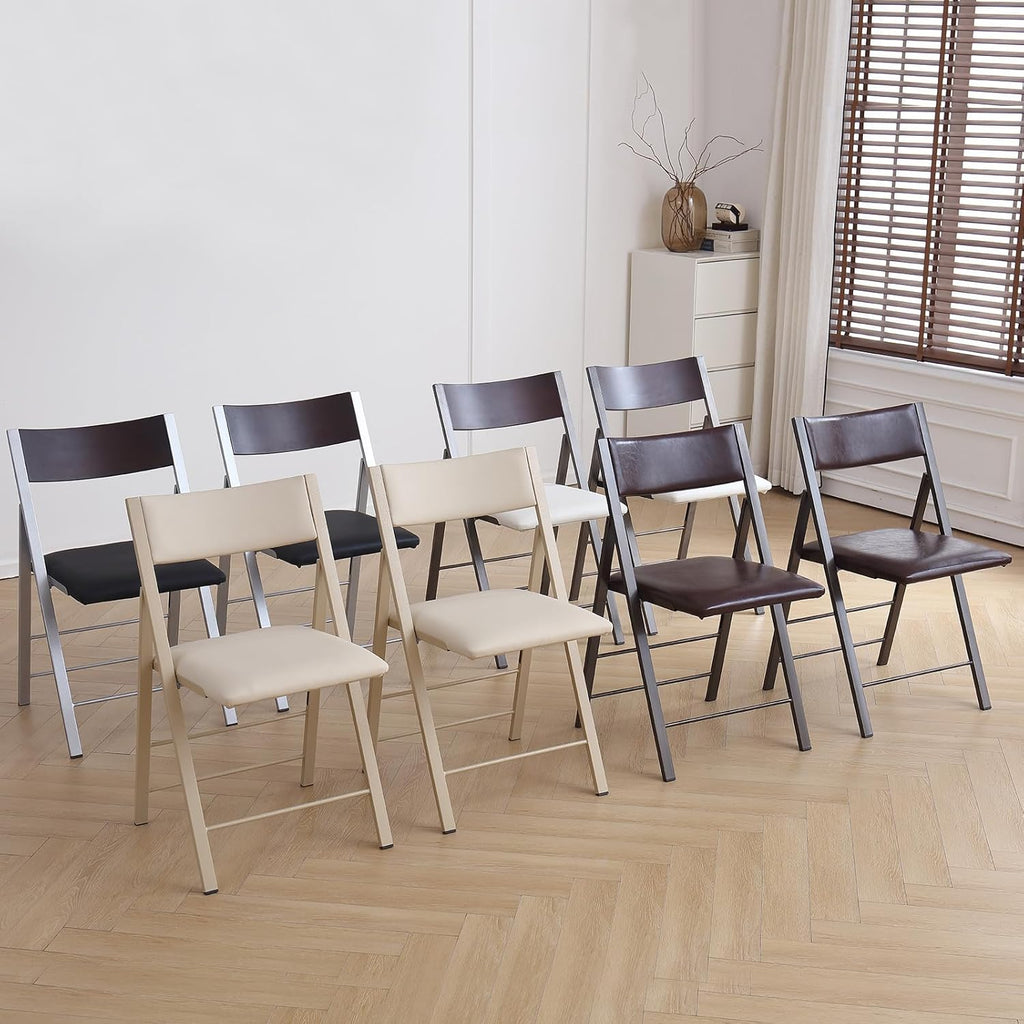 Folding Chairs with Cushion 2 Pack - Heavy Duty Steel Frame Foldable Dining Chairs, Waterproof Leather Indoor Outdoor Comfortable Folding Chairs for Home, Conference Rooms, Weddings, Events (Wood)