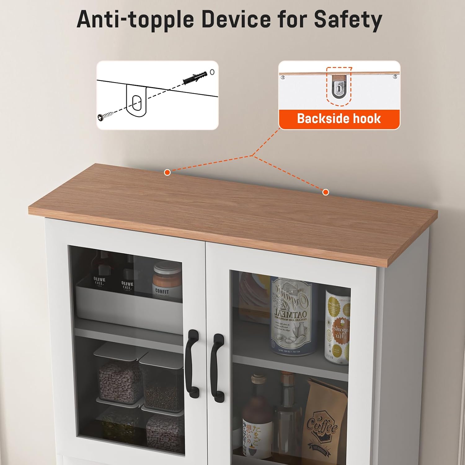 67" Kitchen Pantry Cabinet with Glass Doors & Drawers, Adjustable Shelves, Anti-Tip, Space-Saving Microwave Stand for Small Kitchens