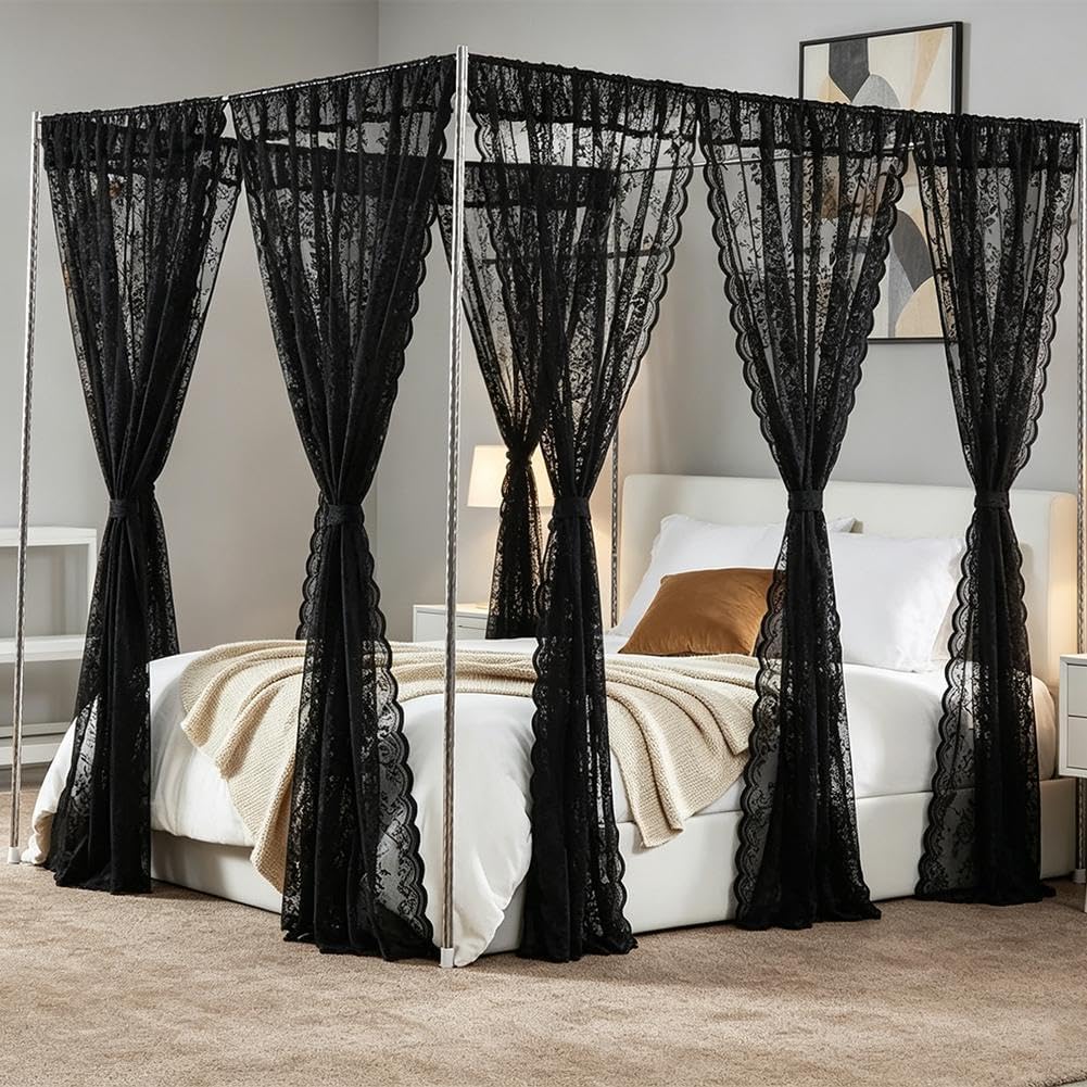 Lace Canopy Bed Curtains Set Black Queen Bed Canopy Curtains Soft Romantic Canopy Scarf Cute Bedroom Decor, No Pole, Consists of 8, 39" x 79"