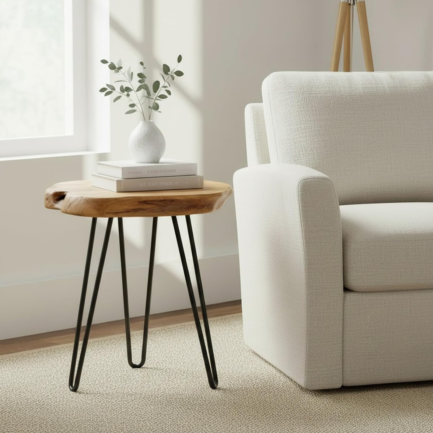WELLAND Live Edge Side Table with Hairpin Legs, Natural Edge Side Table, Small Nightstand Wood, 15.5" Tall