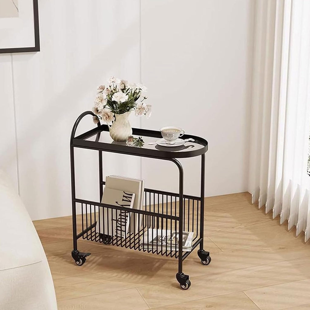 Small Sofa Side Table End Table with Wheels, 2-Tier Utility Rolling Cart Storage, Mobile Trolley Organizer with Handle (Color:A-Black)