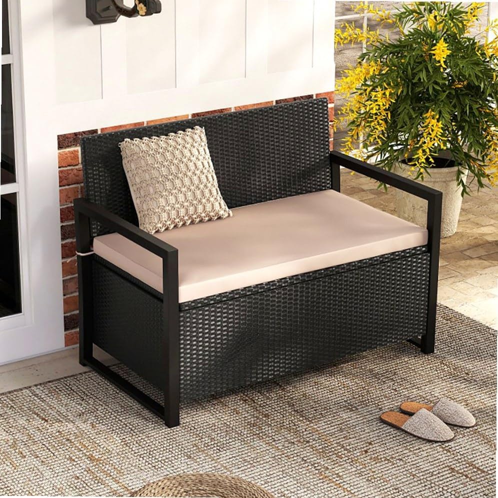 Outdoor Storage Bench PE Rattan Woven Rattan Pattern Brown 24.5x46x33.5in 40Gal Compartment 800lb Capacity Seat Cushion Included