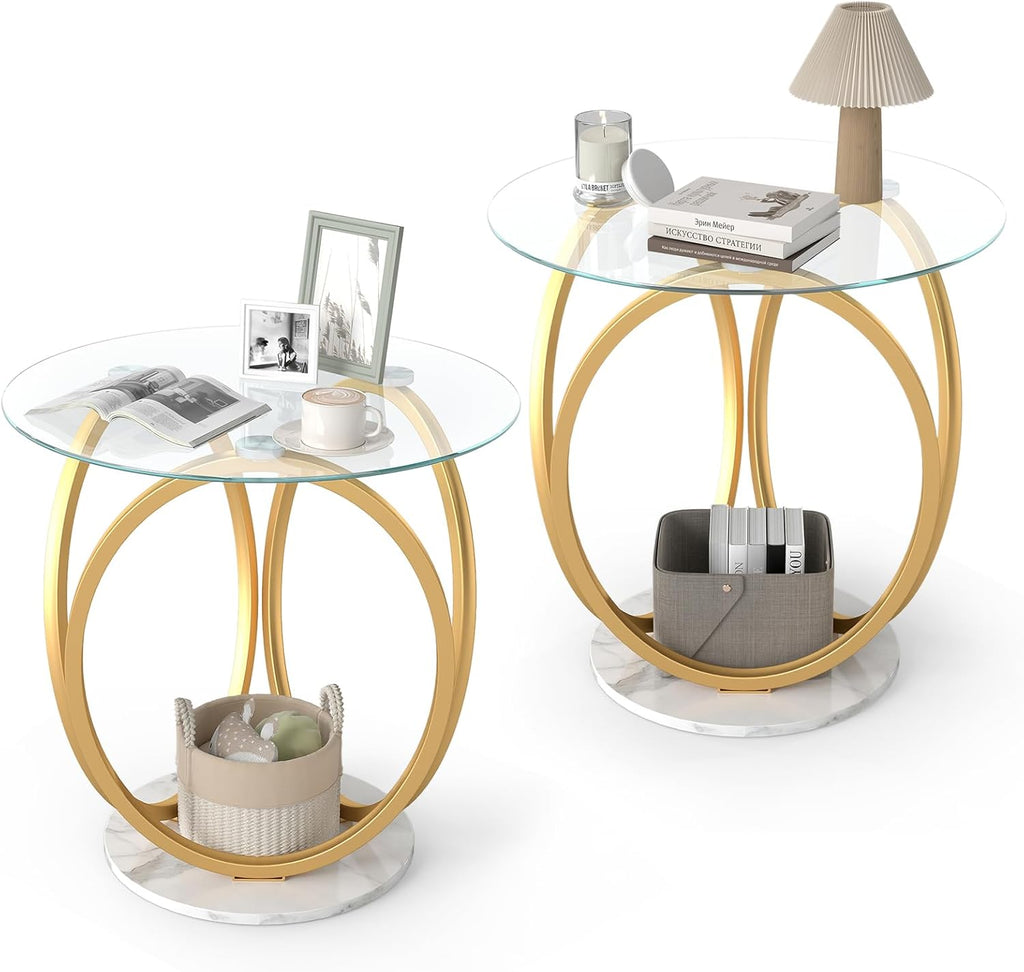 Giantex Round End Table Set of 2, Faux Marble Sofa Couch Side Table w/Tempered Glass Tabletop & Ring Gold Metal Frame, Small Coffee Tables for Decoration, Bedside Night Stand for Bedroom Living Room