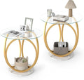 Giantex Round End Table Set of 2, Faux Marble Sofa Couch Side Table w/Tempered Glass Tabletop & Ring Gold Metal Frame, Small Coffee Tables for Decoration, Bedside Night Stand for Bedroom Living Room