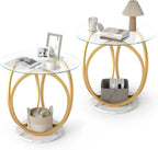 Giantex Round End Table Set of 2, Faux Marble Sofa Couch Side Table w/Tempered Glass Tabletop & Ring Gold Metal Frame, Small Coffee Tables for Decoration, Bedside Night Stand for Bedroom Living Room