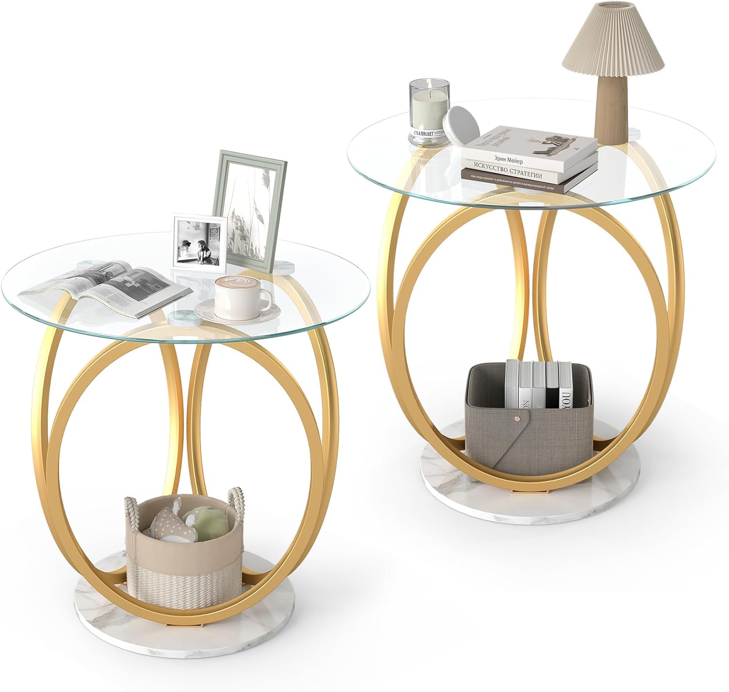 Giantex Round End Table Set of 2, Faux Marble Sofa Couch Side Table w/Tempered Glass Tabletop & Ring Gold Metal Frame, Small Coffee Tables for Decoration, Bedside Night Stand for Bedroom Living Room