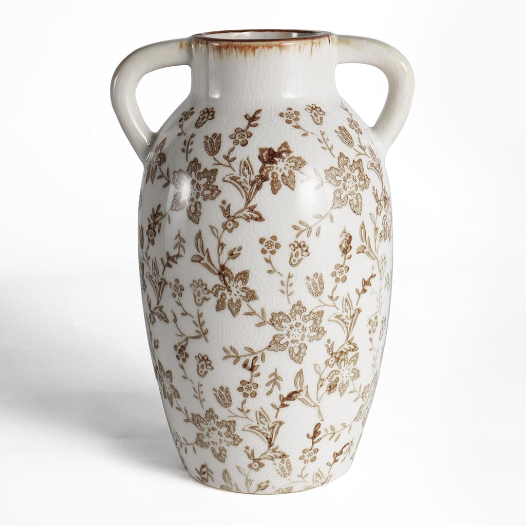 Vintage Ceramic Vase with Handles, 9.45 Inch Crackle Glaze Floral Pattern Vase, Rustic Farmhouse Decorative Flower Vase for Table Centerpieces, Boho & Chinoiserie Home Decor