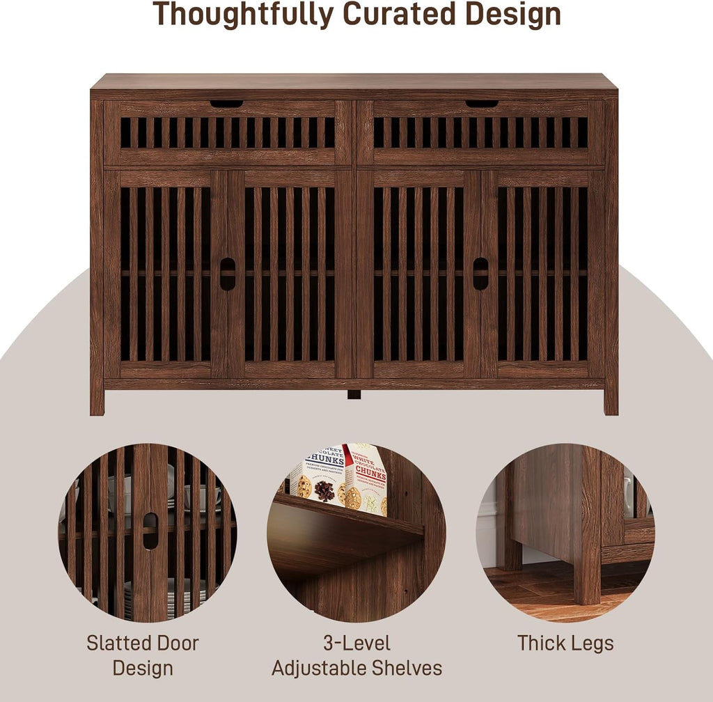 Vabches Modern Sideboard Cabinet with 4 Doors & 2 Drawers, Wood Buffet Cabinet with Storage for Dining & Living Room, Brown