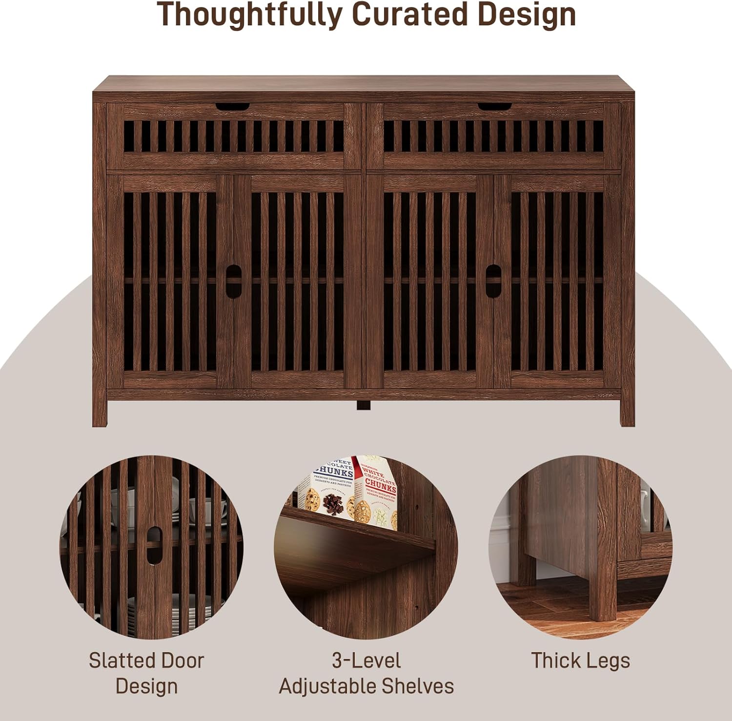 Vabches Modern Sideboard Cabinet with 4 Doors & 2 Drawers, Wood Buffet Cabinet with Storage for Dining & Living Room, Brown