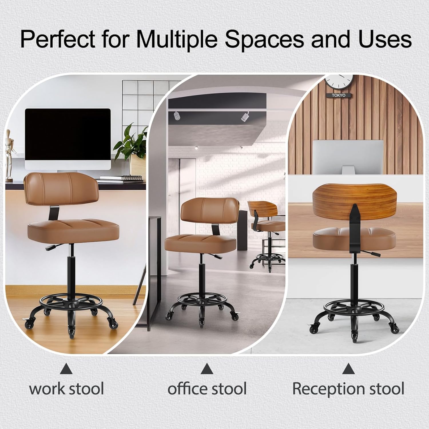 Drafting Chair with Lockable Wheels, Tall Chair Adjustable Stool with Curved Walnut Backrest and Footrest Ring, PU Leather Ergonomic Rolling Chair 300LBS Capacity for Office Workstation(Brown)
