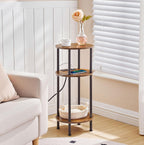 HOOBRO Small Round Side Table, 3-Tier Compact Sofa End Table with Charging Station, Circle Bedside Table Nightstand with Storage, for Small Space, Living Room, Bedroom, Rustic Brown BF219UBZ01
