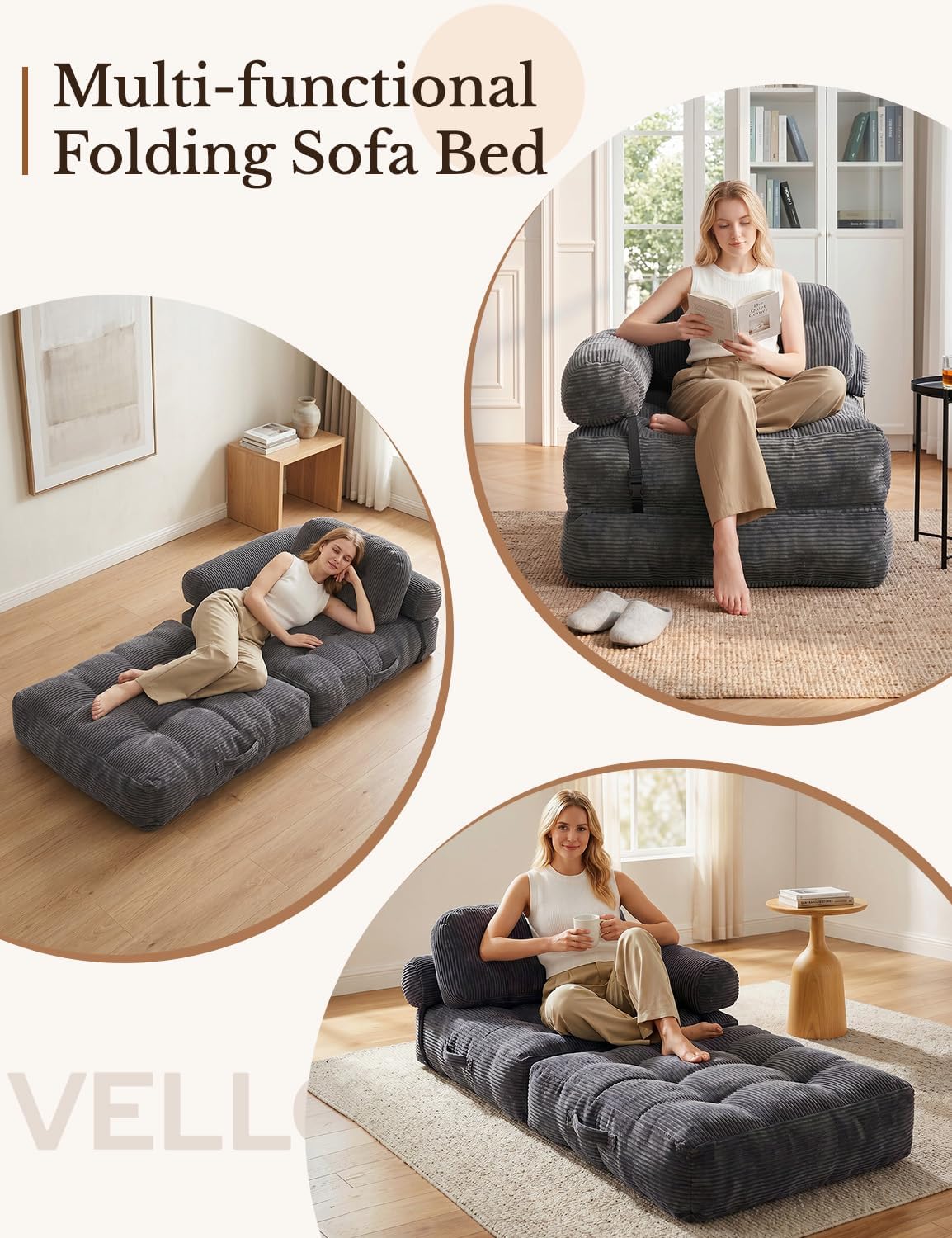 Folding Sofa Bed, L-Shaped Couch Back Support and Arm Pillow Futon, Convertible Sofa Bed for Living Room/Guest Use/Home Office, Boneless Foldable Couch for Adults, Dark Gray