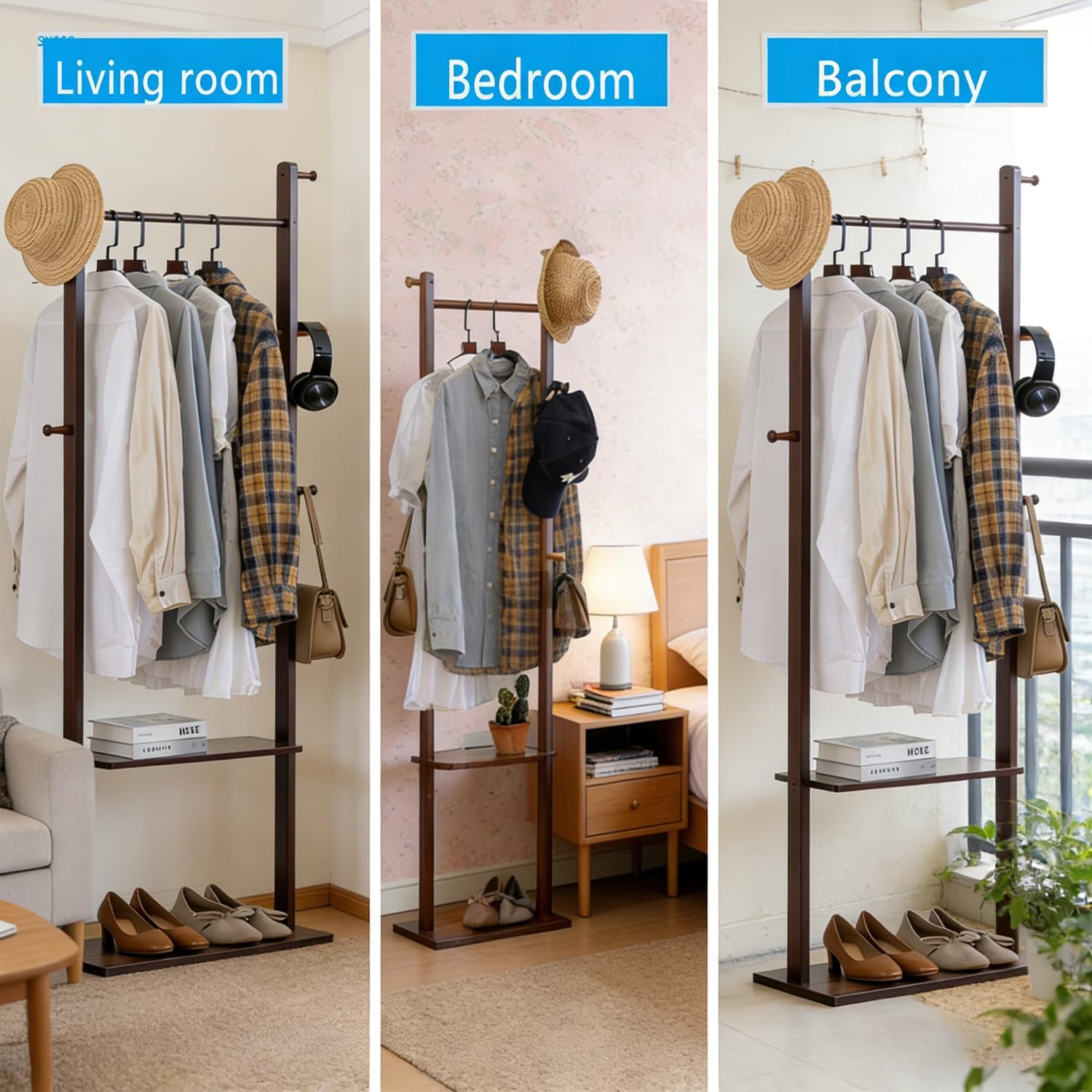 latifolia Clothes rack, Solid Wood Clothing Rack Witch Hooks and Shelves, 23.6 inch Garment rack With Storaege for Living Room, Walnut