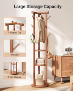 Pipishell Rolling Pine Wood Coat Rack, Freestanding Coat Tree with Wheels, 9 Hooks, T-Shaped Top & 3-Tier Shelves for Entryway, Hallway, Bedroom, Hall Tree for Coats, Bags, Hats & Scarves