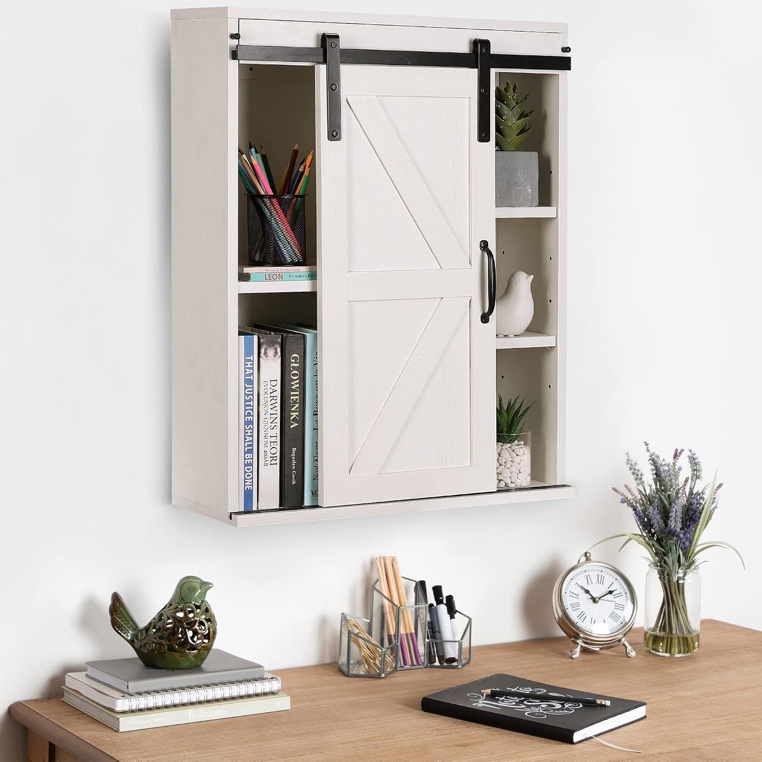 RUSTOWN Farmhouse Wood Wall Storage Bathroom Cabinet with Sliding Barn Door, Rustic Medicine Cabinet with Adjustable Shelf, 3-Tier Vintage Cabinet for Kitchen, Bathroom, Living Room (Vintage White)