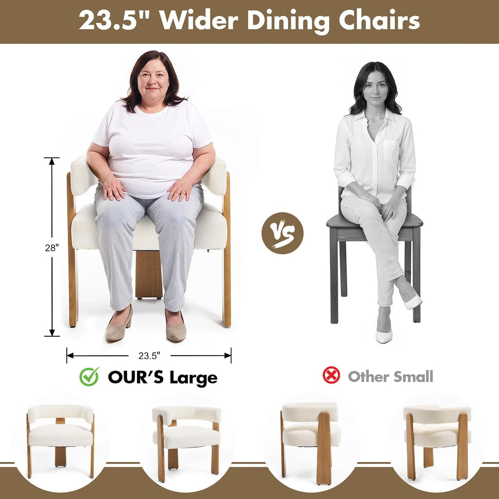 Hyfirm Set of 6 Modern Boho Barrel Dining Chairs with Wood Legs, White Upholstered Accent Armchairs with Thick Padded Cushion for Kitchen, Minimalist Natural Chic Chairs for Living Room