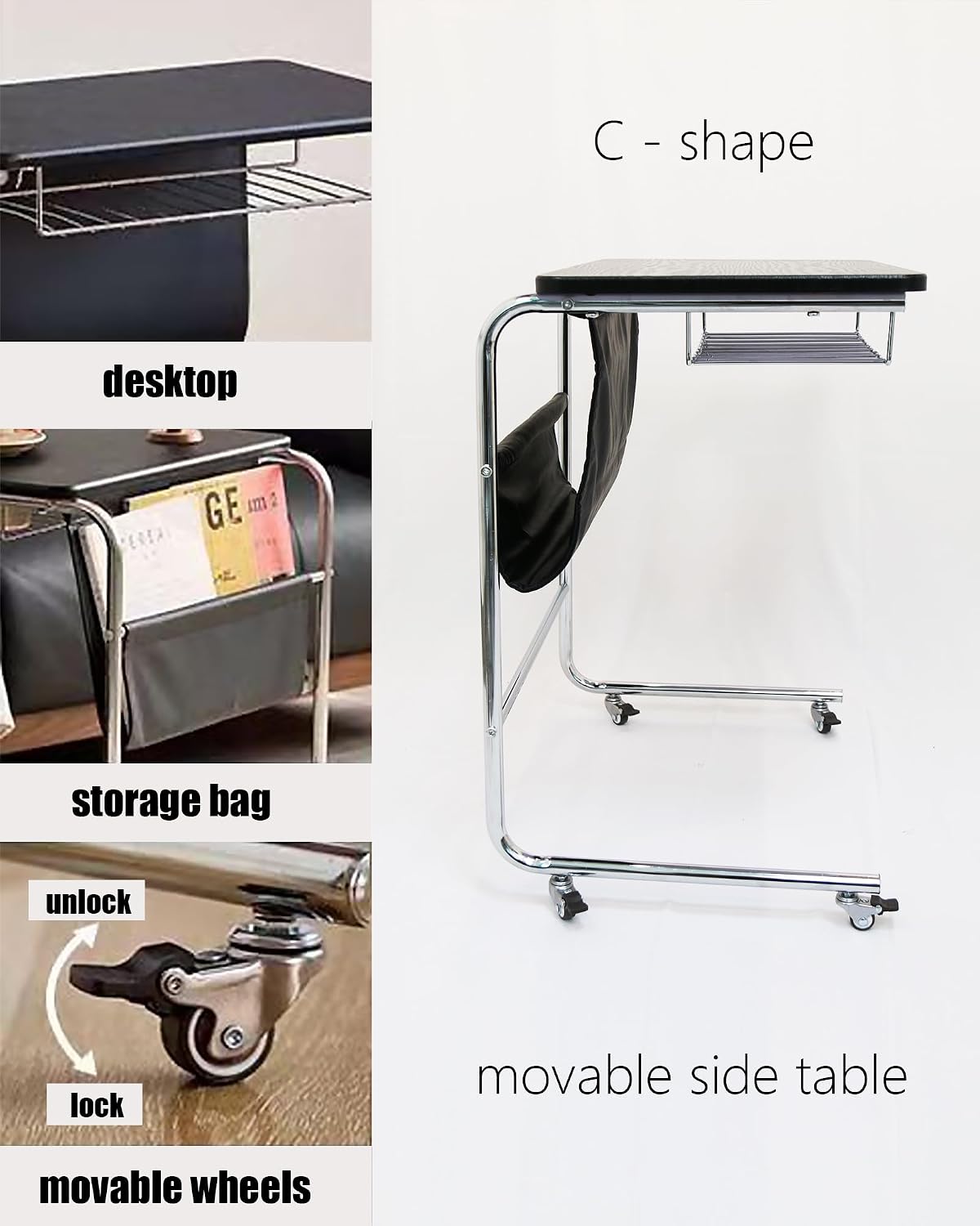 C-Shaped End Table, Movable Side Table for Couch, Sofa Table with Wood Top and Chrome Frame for Living Room, Bedroom, Bedside, Four Flexible Wheels, Black and Silver