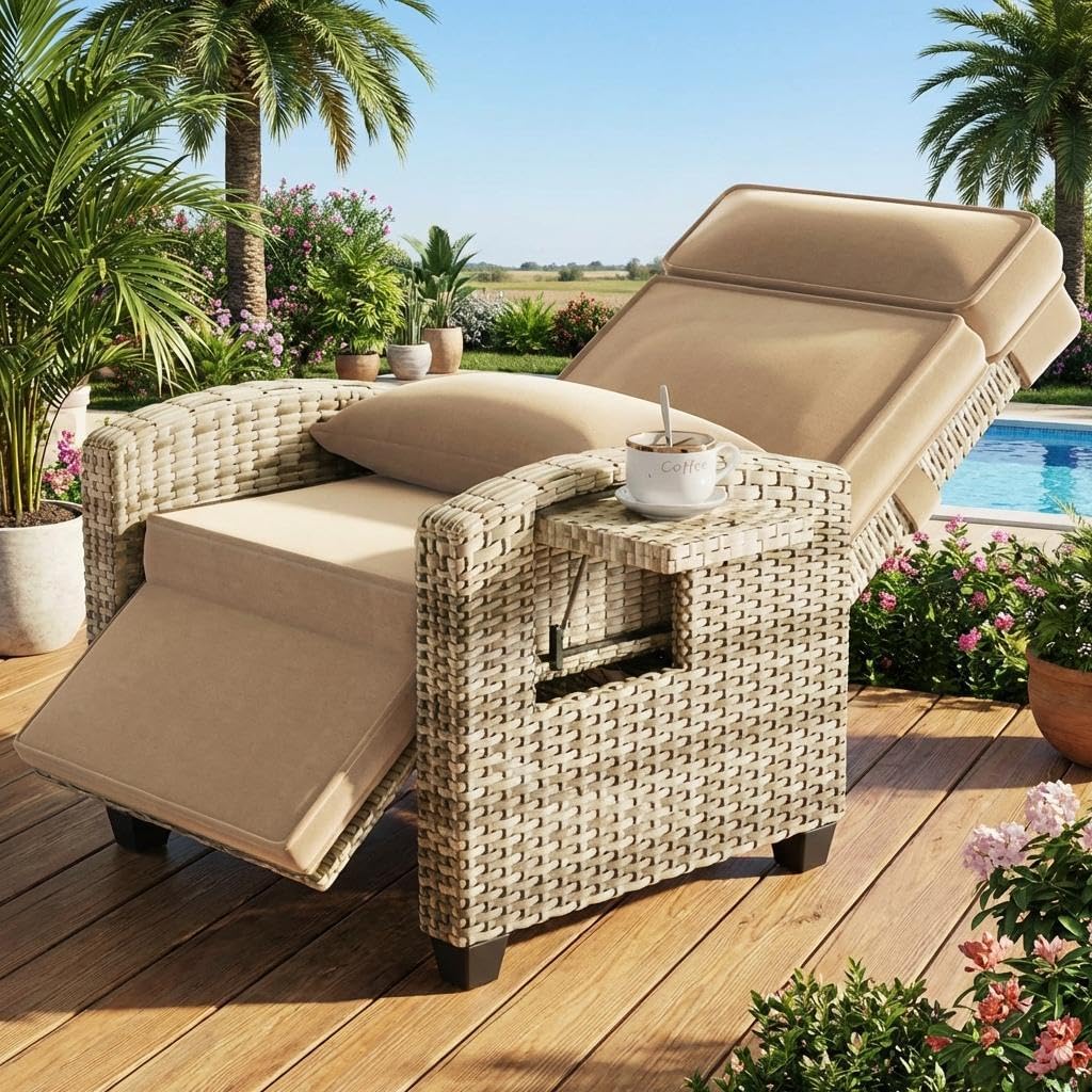 Outdoor Wicker Gas Lift Chair with Cushion, 145° Adjustable PE Rattan Patio with Metal Frame, Height Adjustable Lounge Chair for Garden, Patio, Balcony & Backyard,Brown Wicker ,Khaki Cushion